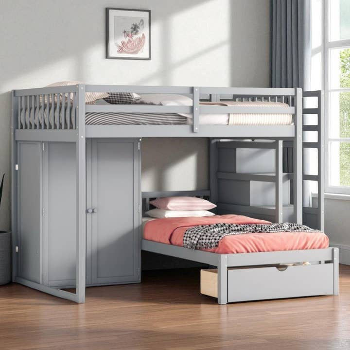 HomeRoots – wholesale Bed – Gray Full Over Twin Wood Bunk Bed With Stairs And Drawers And Storage1