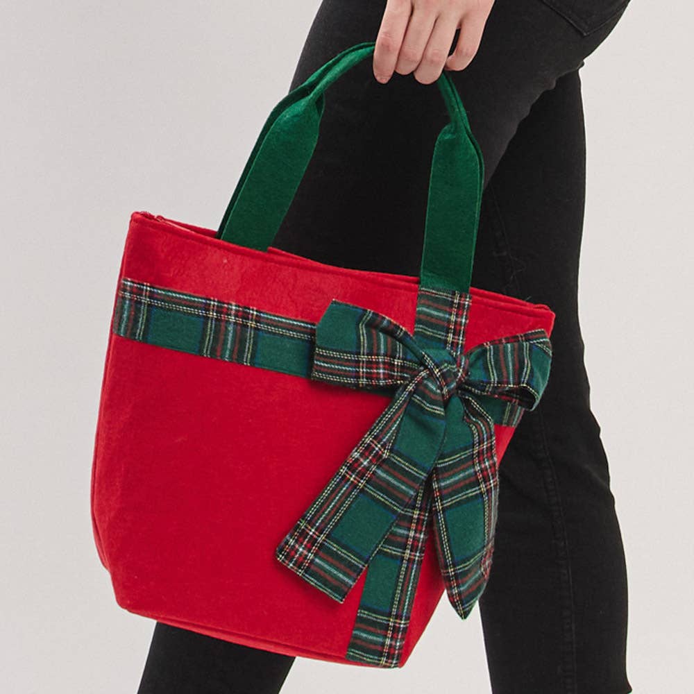 JOIA ACCESSORIES - Wholesale Tote Bag - Women's - CHRISTMAS GREEN TOTE BAG WITH RED PLAID BOW, MB 032116