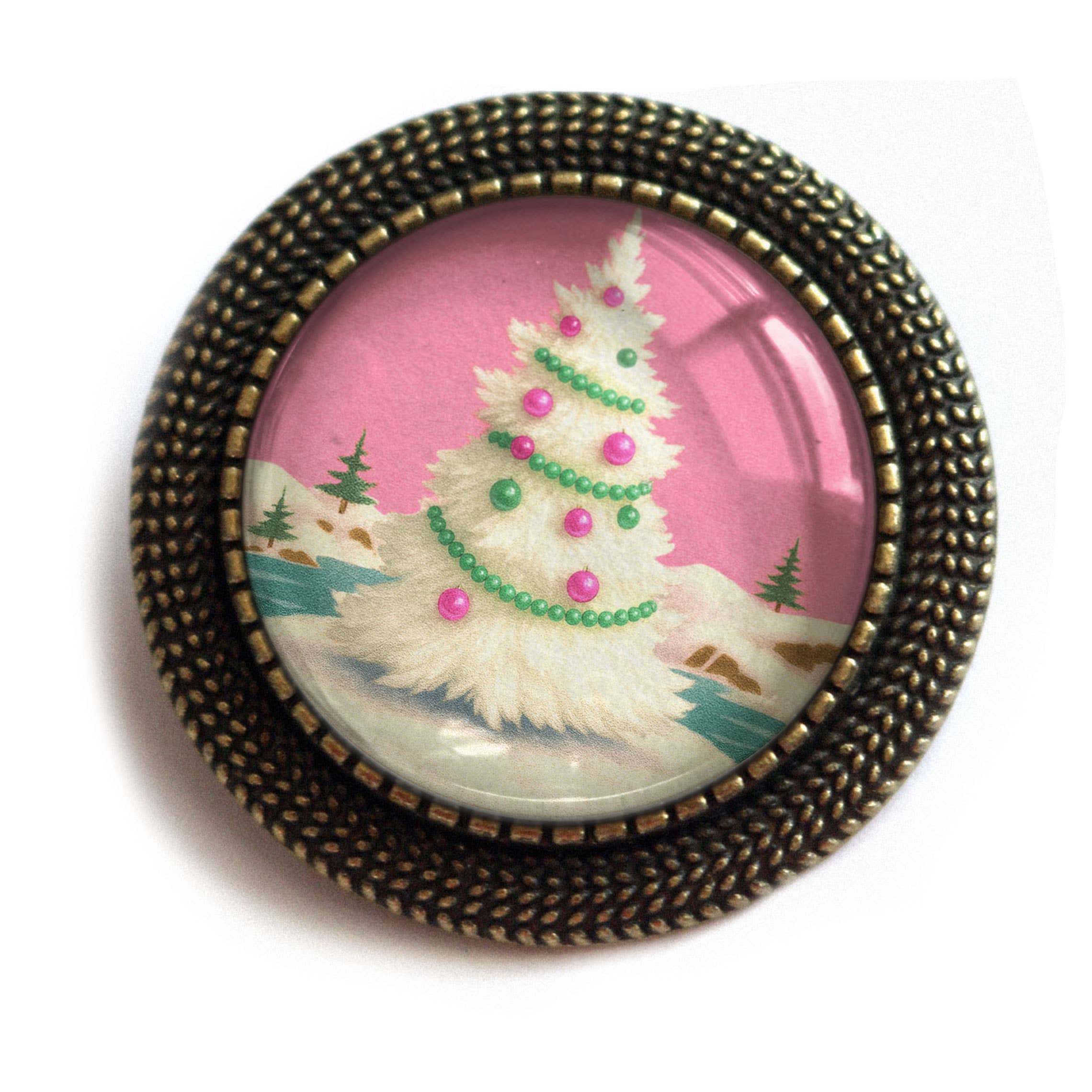 The Divine Iguana – Engroshandel Broche – Lyserød juletræ bronzefarvet og glas ørering med hængslet lås0