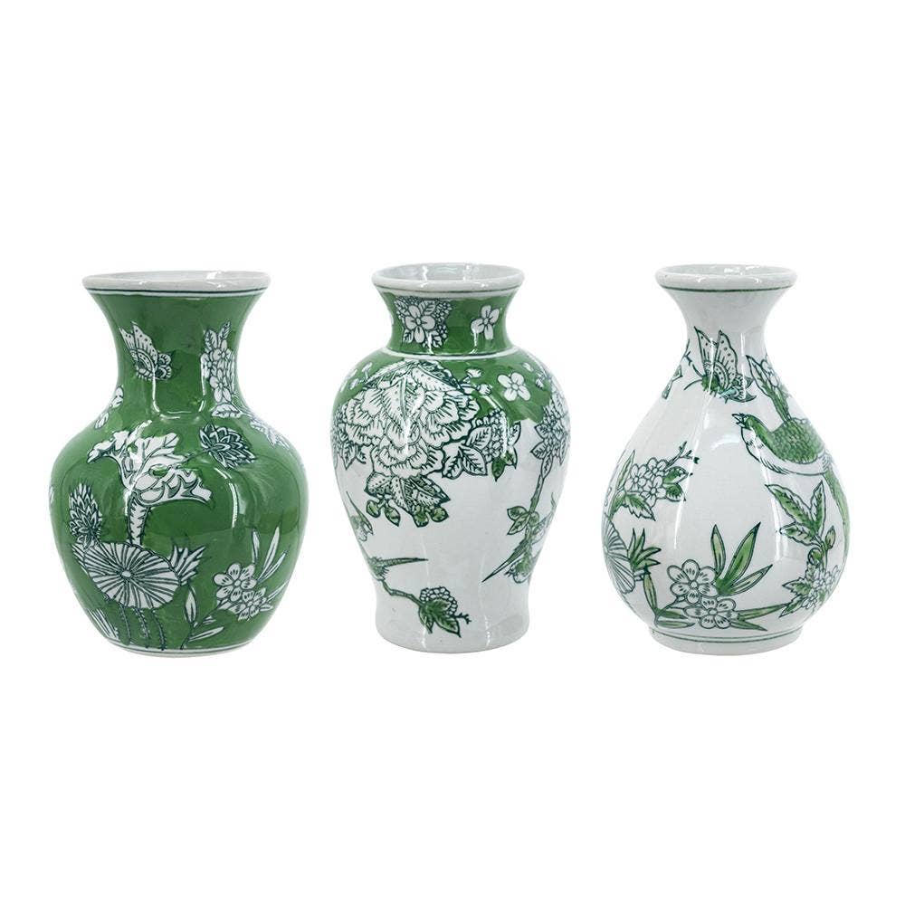 A&B Home Group Inc. - Wholesale Vase - S/3 Green & White Porcelain Vases w/ Nature-Inspired Motifs0