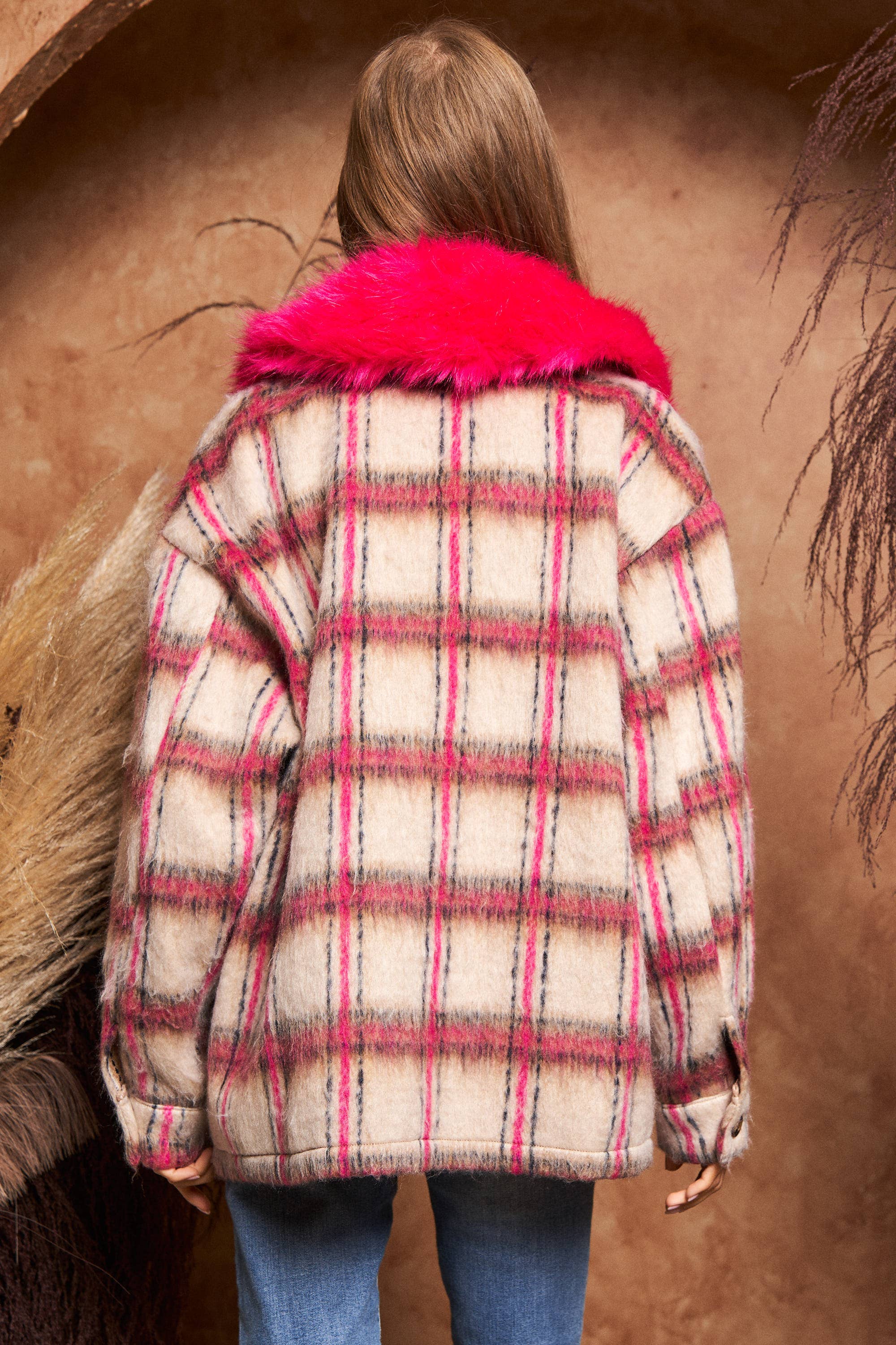 HOT PINK BEIGE PLUS MULTI PLAID FUR COLLAR SEPARATELY JACKET for wholesale on Faire7