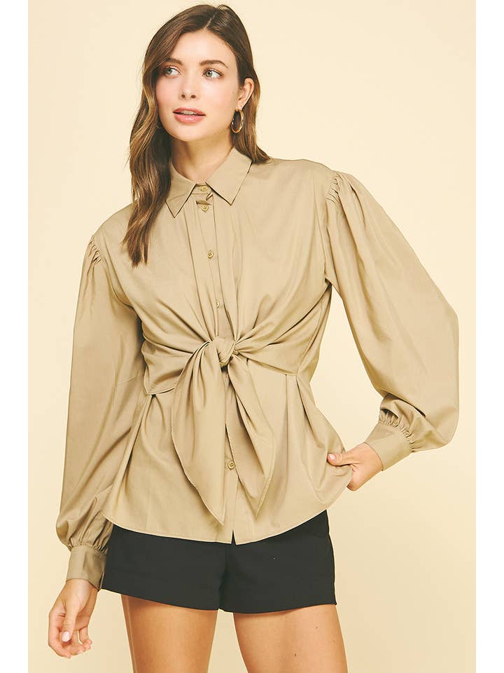 PINCH - Wholesale Button Down Shirt - Women's - FRONT TIE DETAILED BUTTON DOWN SHIRT - 6524T