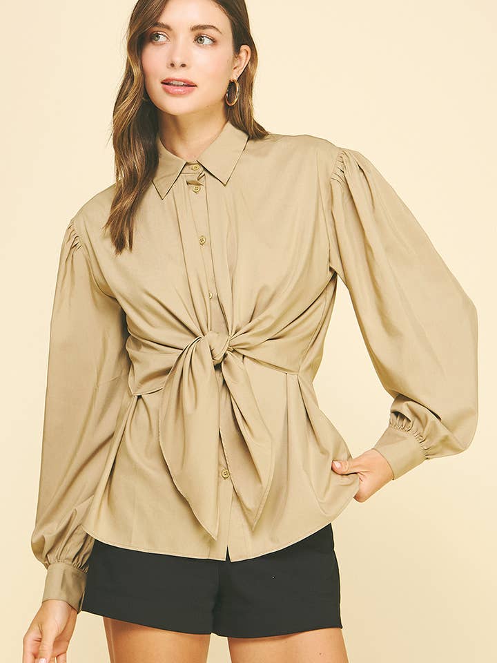FRONT TIE DETAILED BUTTON DOWN SHIRT - 6524T for wholesale by PINCH