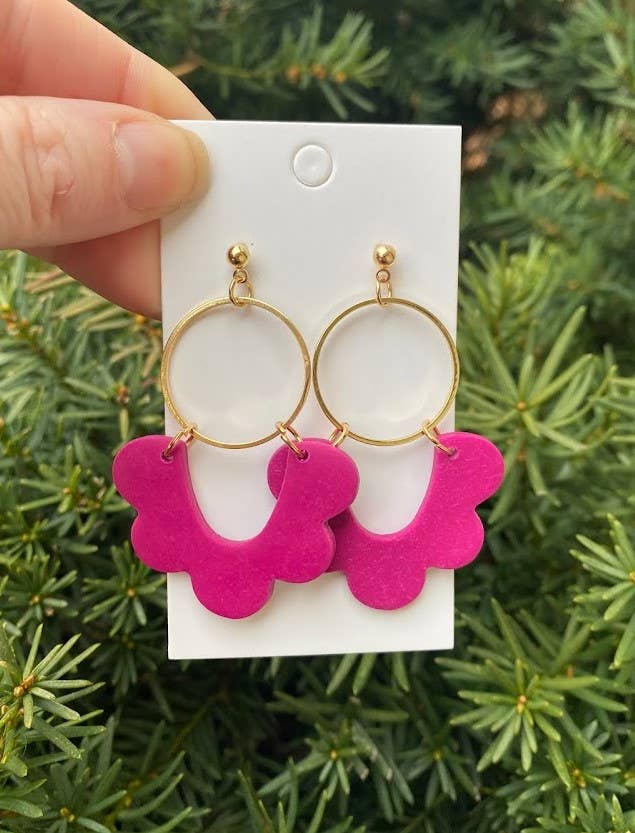 Statement Earrings Hot Pink and Gold Earrings Clay Earrings Gold Hoop Earrings Statement Jewellery