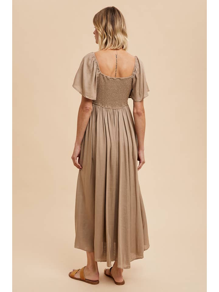 In Loom - Wholesale Dress - Women's - LINEN TENCEL FLUTTER SLEEVE MAXI DRESS WITH GOLD NOTCH