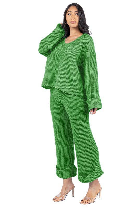 Green WOMEN FASHION 2PCS SWEATER PANTS SET for wholesale on Faire4