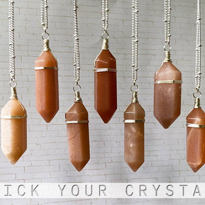 Moonchild Society - Wholesale Pendant/Charm Necklace - Peach Moonstone Silver Crystal Point Necklace, Wire Wrapped Jewelry, Raw Crystal, Boho Witchy Pick Your Crystal