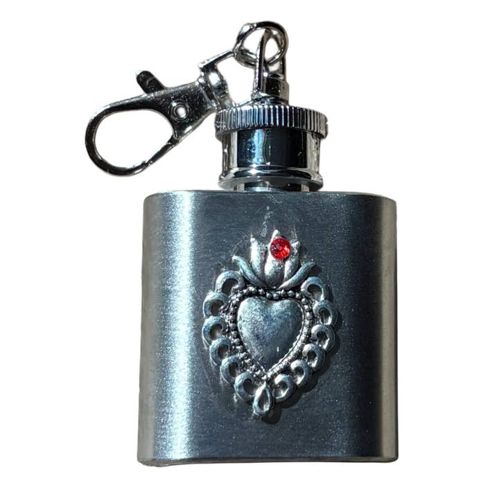 Oremus Mercy - Wholesale Travel Container - Holy Water Flask - Sacred Heart SS w/ Keychain 1 oz