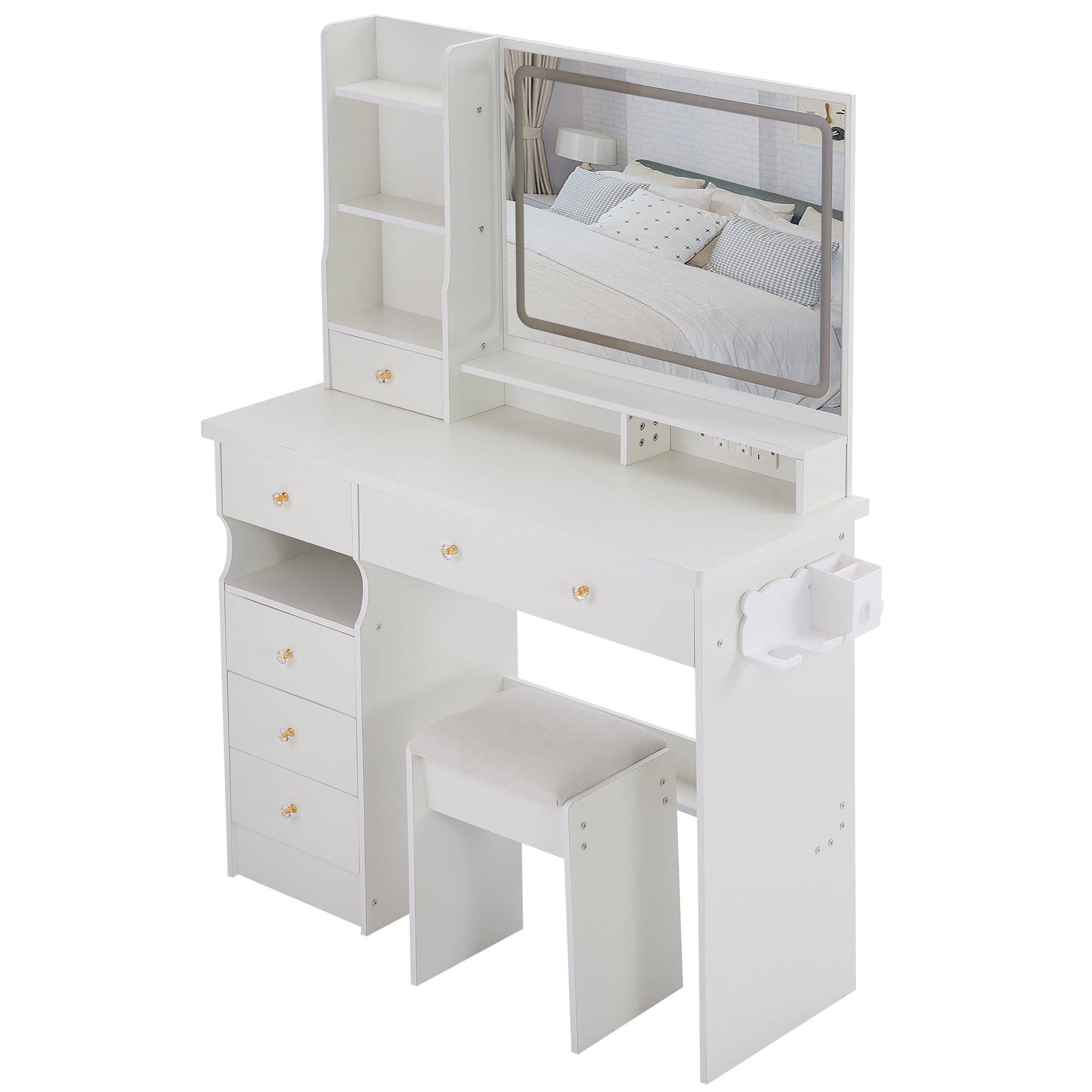 39F Inc. - Vente Miroir de courtoisie - Ensemble de coiffeuse blanche de 41'' avec station d'alimentation et miroir LED17