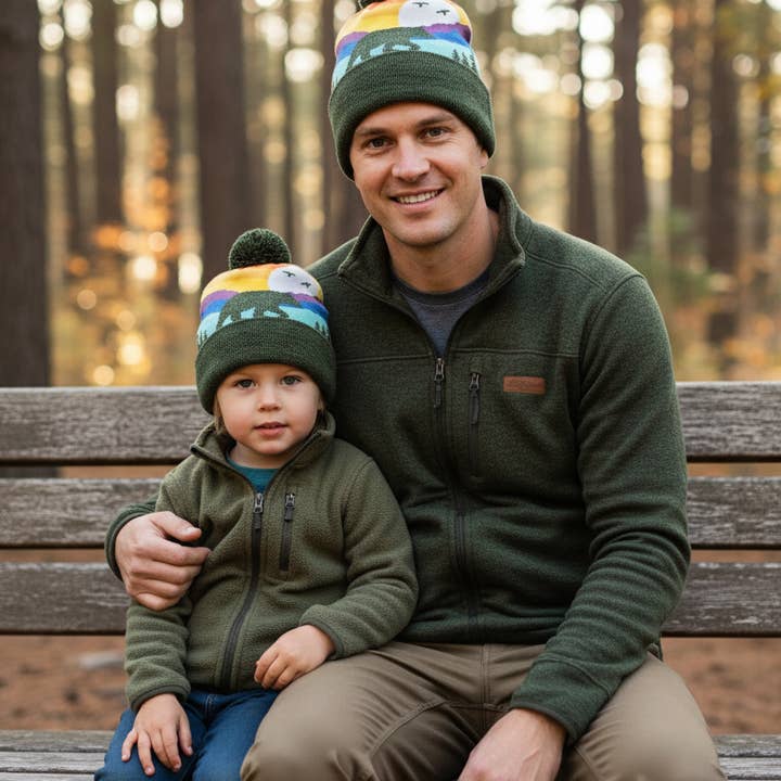 Bear Mountain Sunset Kids Beanie Hat with Pom Pom Winter Warm Knit Cap for wholesale by Northern Icons Creations INC