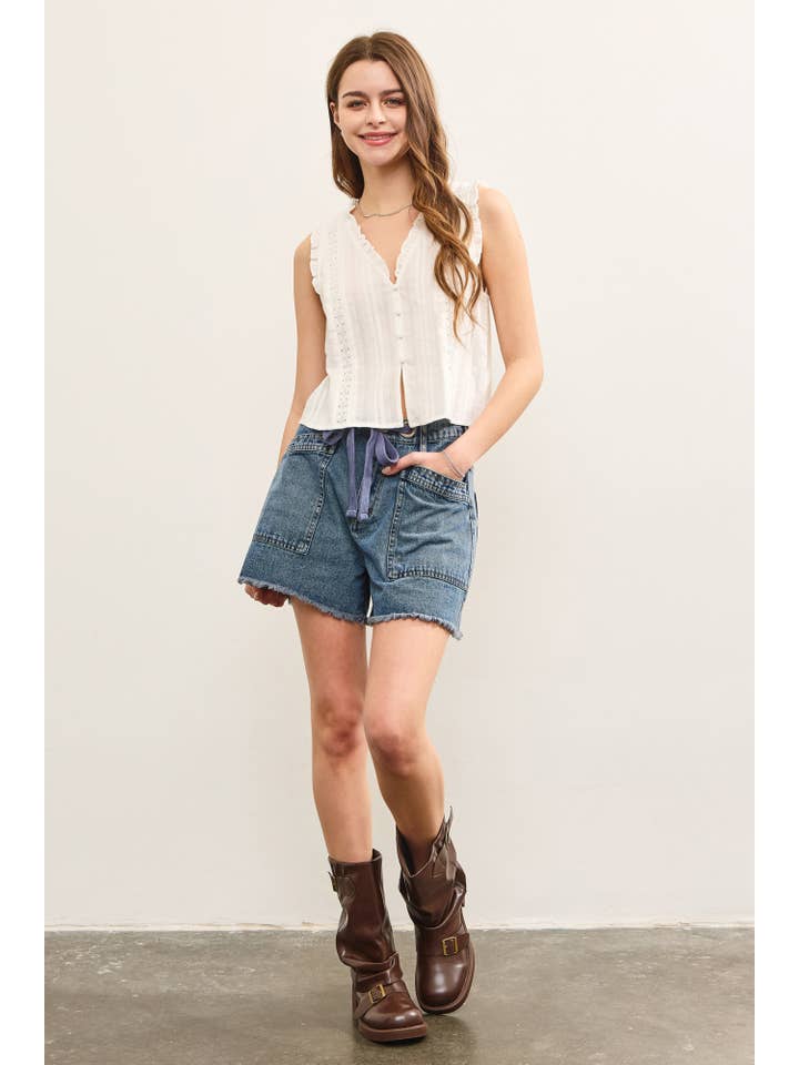 White RUFFLED V NECK BUTTON CLOSURE TOP for wholesale on Faire