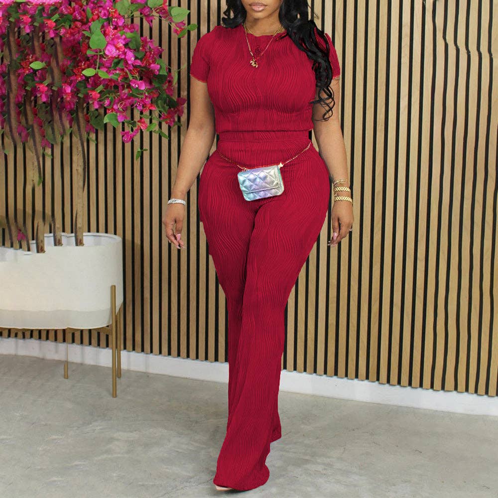 MB Fashion Wholesale - Wholesale Top & Pant Set (NOT Loungewear) - Women's - MB FASHION Wavy Textured Short-Sleeve Top Pants Set 272LY3