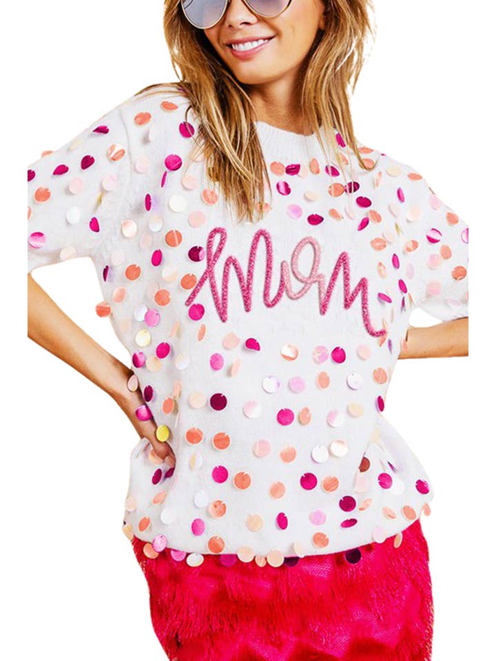 IVORY Metallic Letter Short Sleeve Pullover With Spangle for wholesale on Faire