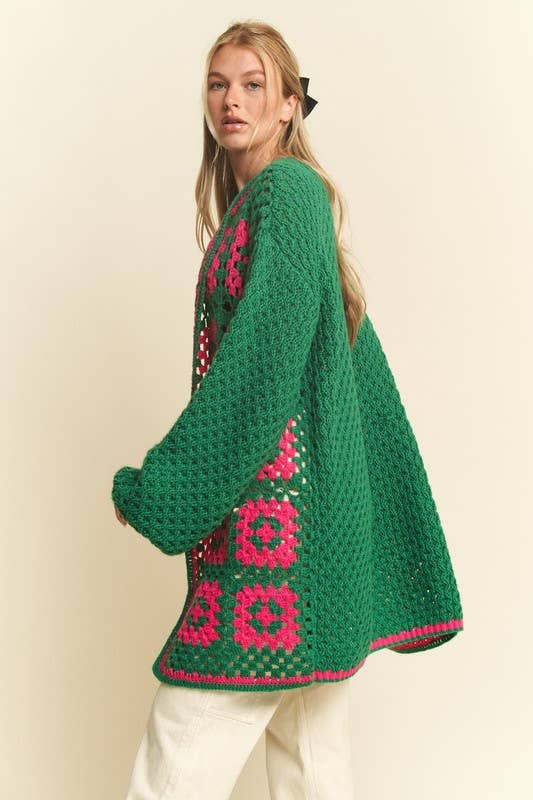 JADE BY JANE - Vente Cardigan – femme - Cardigan en maille ouverte bicolore en crochet carré à motif floral15