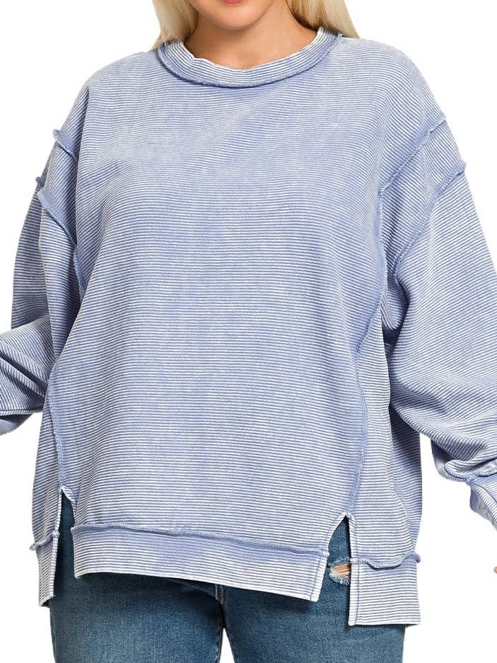 Plus Acid Washed Double Ribbed Expsd-seam Pullover for wholesale by Vanilla Monkey
