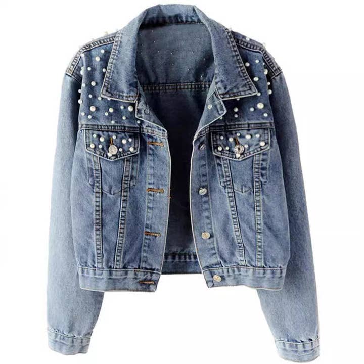 Women's Plus Size Denim Jacket With Rhinestone Pearl Embroidery for wholesale by Sheer Trend