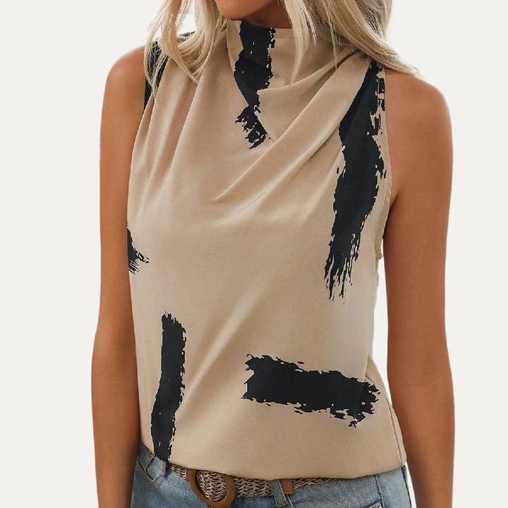 KHAKI Chic Soft Print Mock Neck Sleeveless Top for wholesale on Faire
