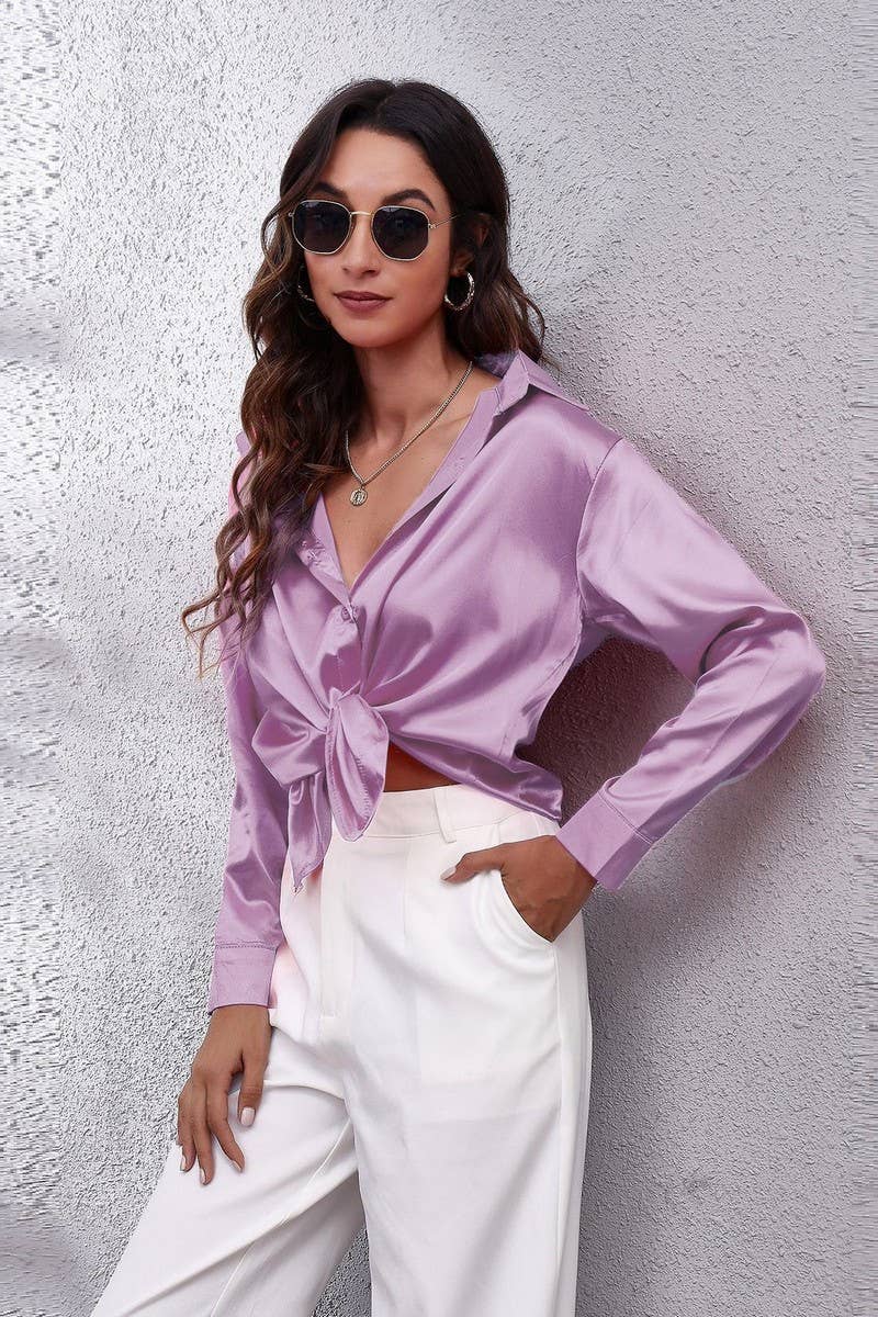 NINEXIS - Wholesale Button Down Shirt - Women's - CWTBLL0691_Button Down Silky Satin Long Sleeve Top56