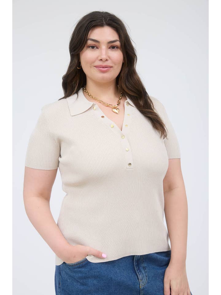 The Workshop Studio - Wholesale Knit Top - Women's - PLUS GOLD SNAP BUTTON SWEATER KNIT POLO25