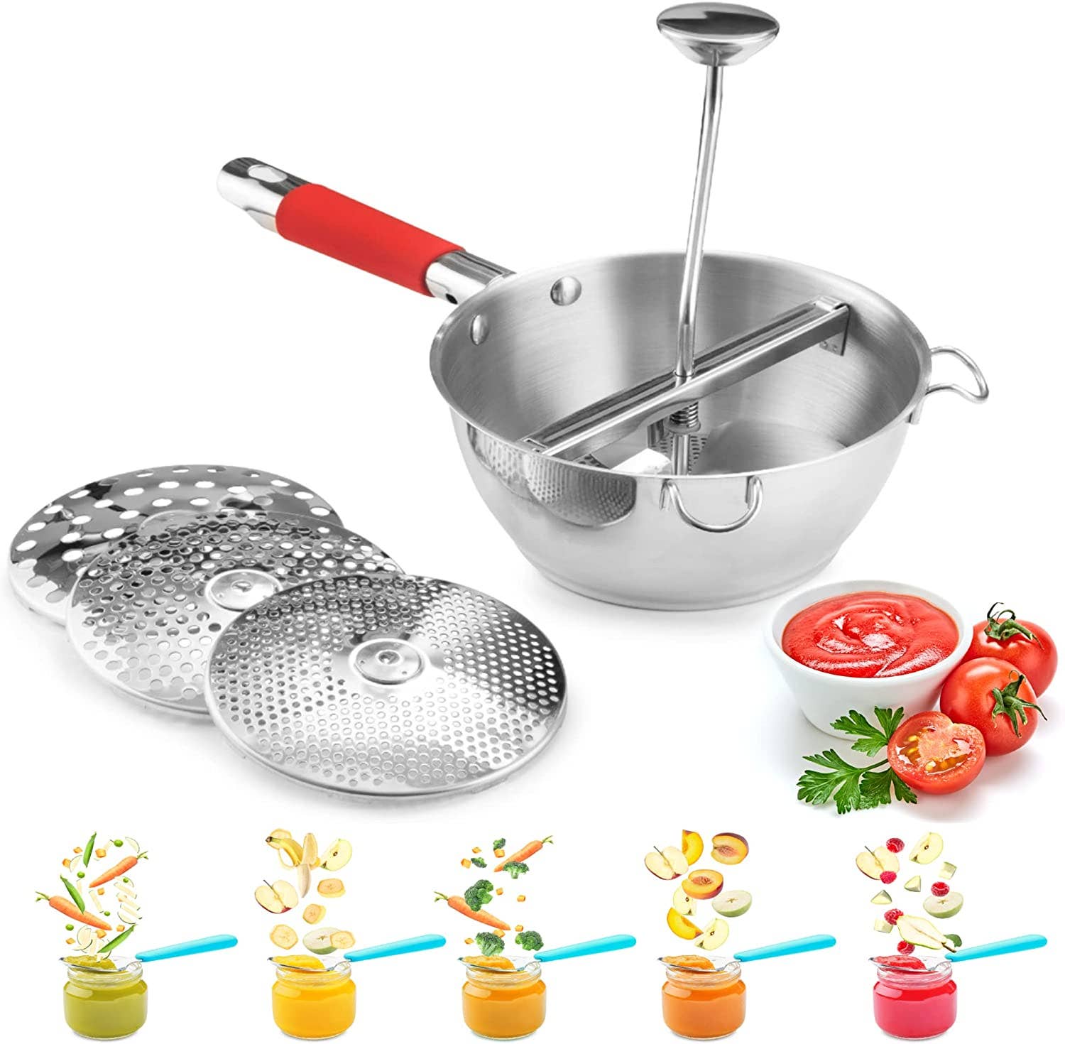 Bezrat - Wholesale Kitchen Tool/Gadget - Food Mill with 3 Food Grinder Discs & Bowl (Red)1