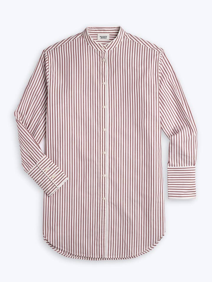 Jo Bandkragen-Nachthemd in Burgunderstreifen für den Großhandel von Sleepy Jones