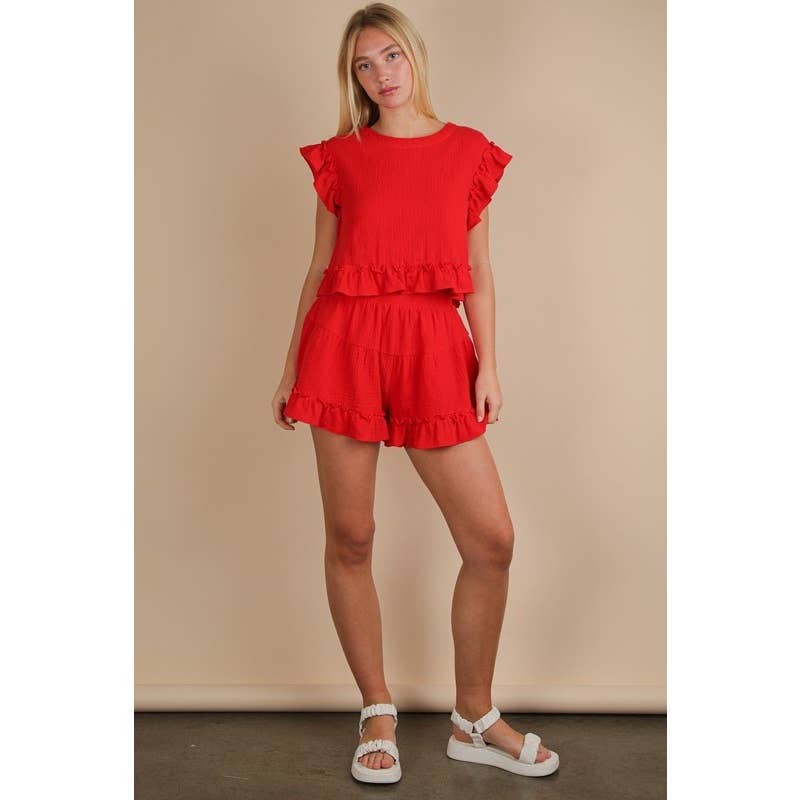IVE - Vente Ensemble haut et short (PAS d'intérieur) - Femme - Ensemble haut tissé uni à volants ET short9