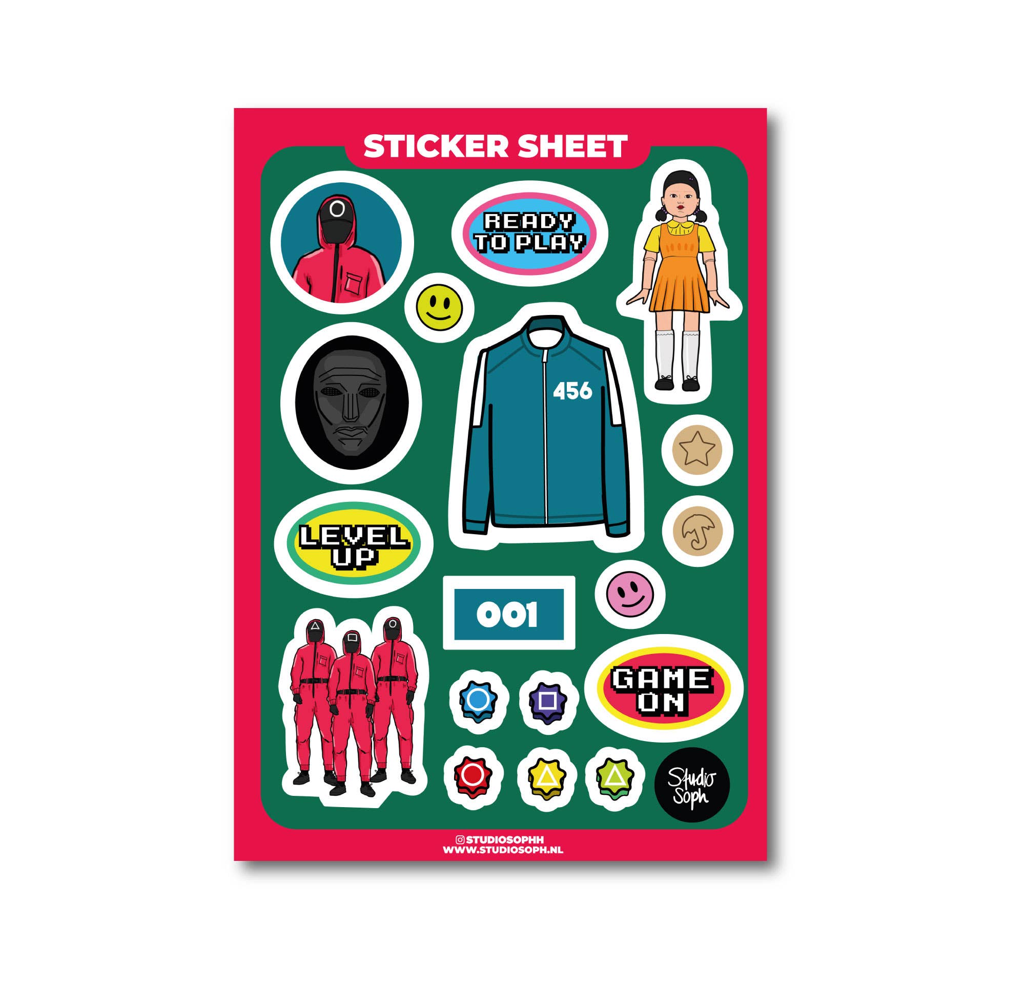 Studio Soph (We Pay Your Import Fees - We Ship DDP) - Vente Autocollant - Planche de 15 autocollants Squid Game format A5