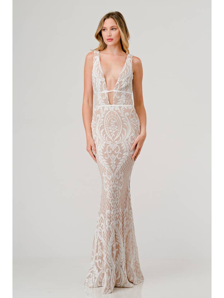 Lovesome - Wholesale Gown - Women's - CD40911: SEQUIN PLUNGING V-NECK MERMAID MAXI DRESS