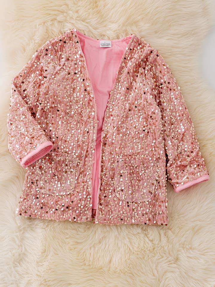 Cardigan à paillettes blush avec poches. TPG41227 JEAN pour la vente par Kids Charm Online