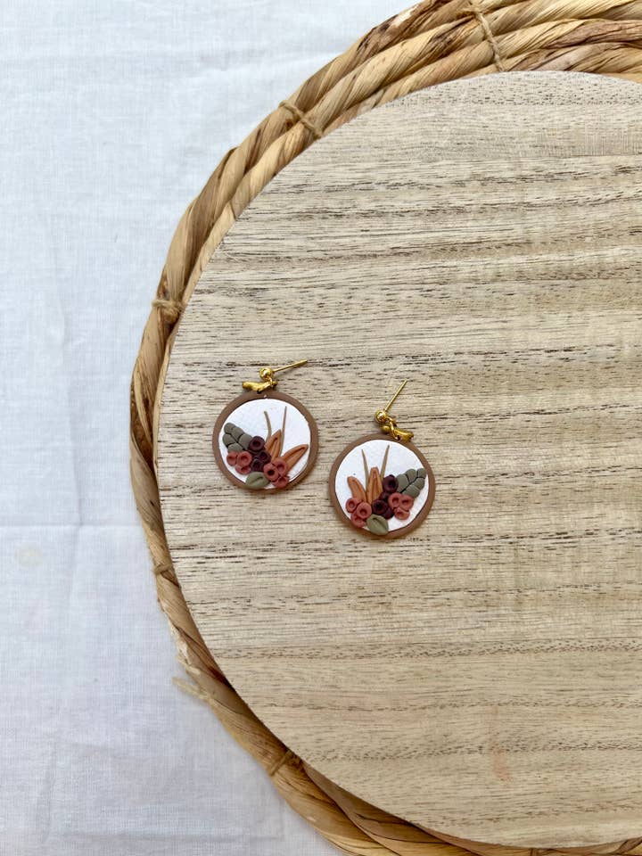 Fall Embroidery Hoop Earrings for wholesale by Rylee Roo's Clay