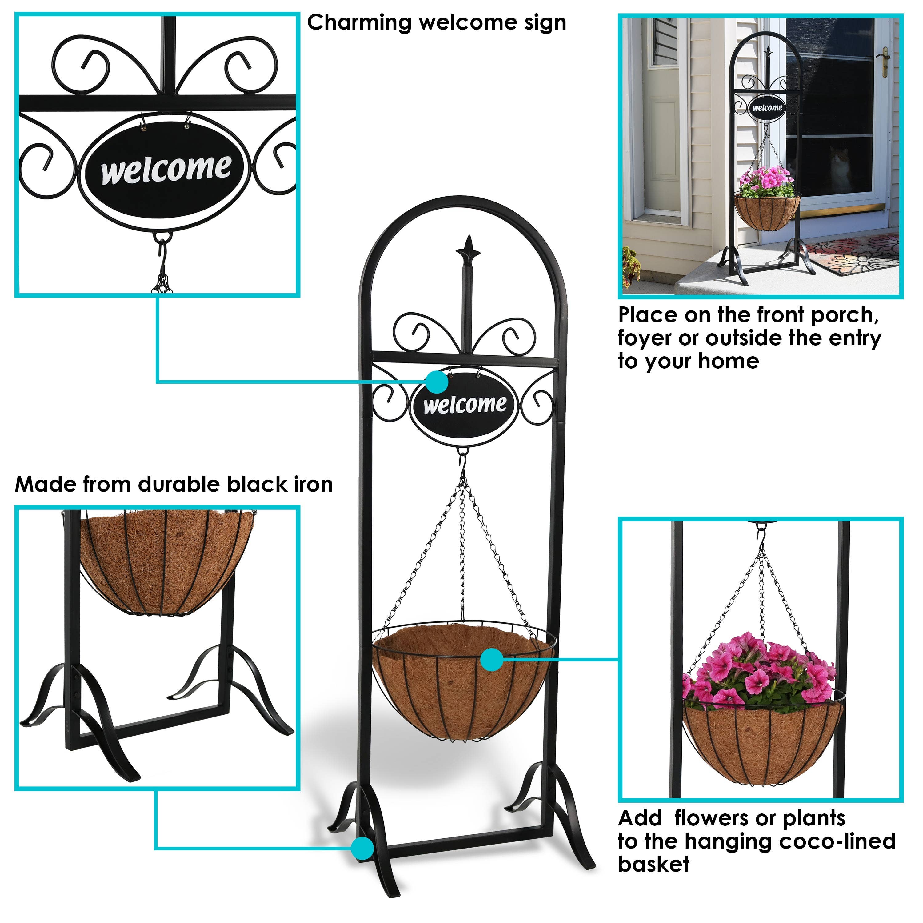 Sunnydaze Decor - Wholesale Outdoor Ornament/Decor - Black Iron Hanging Basket Planter with Welcome Sign - 48 in2