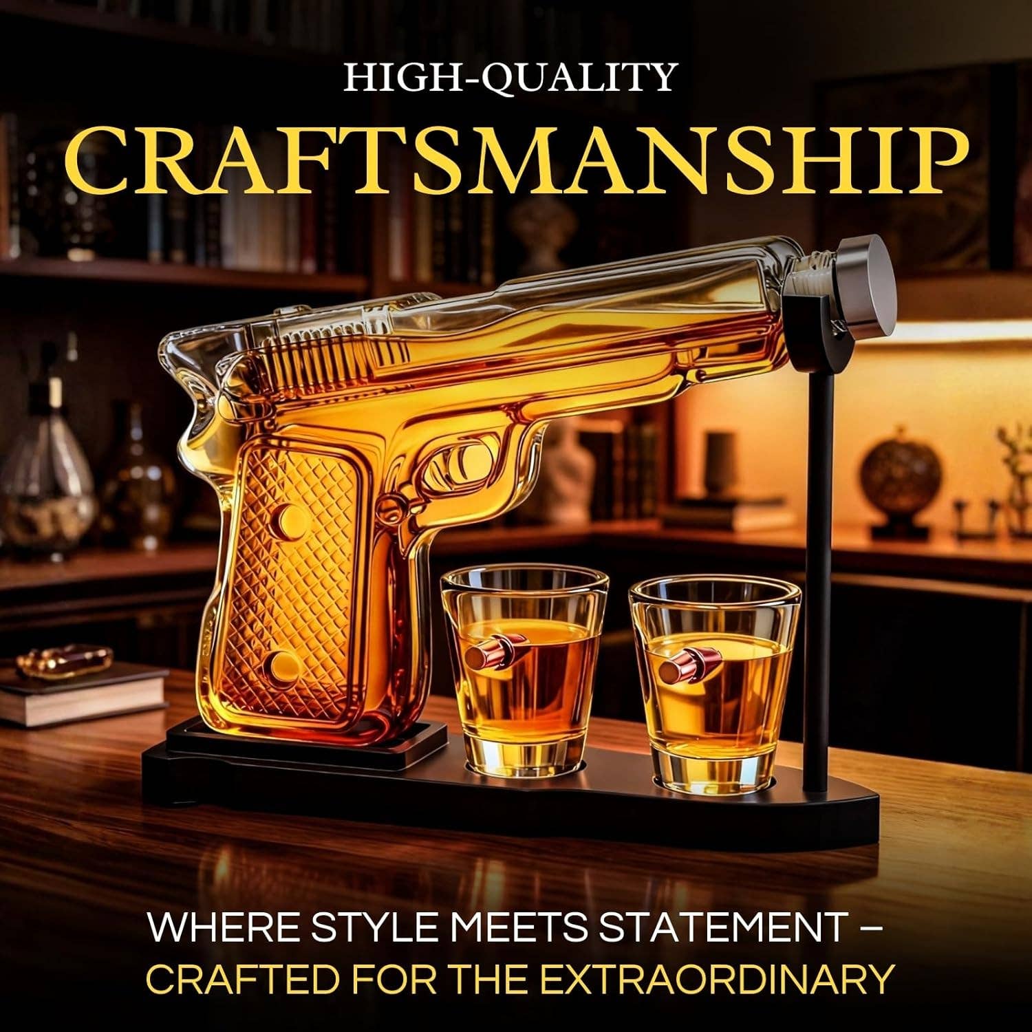 The Wine Savant /  Khen Glassware - Wholesale Decanter - Pistol Gun Decanter Set + 2 Bullet shot Glasses & Wood Stand4