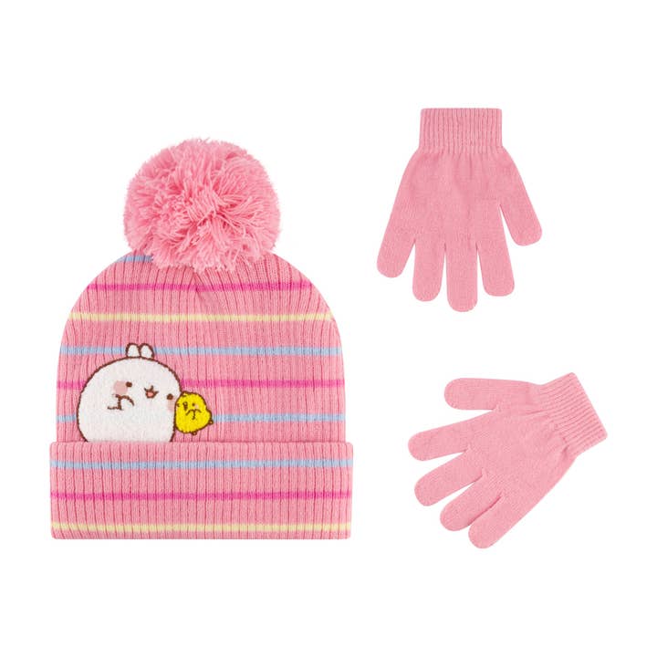 Molang & Piu Piu Chenille Patch Beanie and Glove Set – Pink Striped with Pom for wholesale by Concept One
