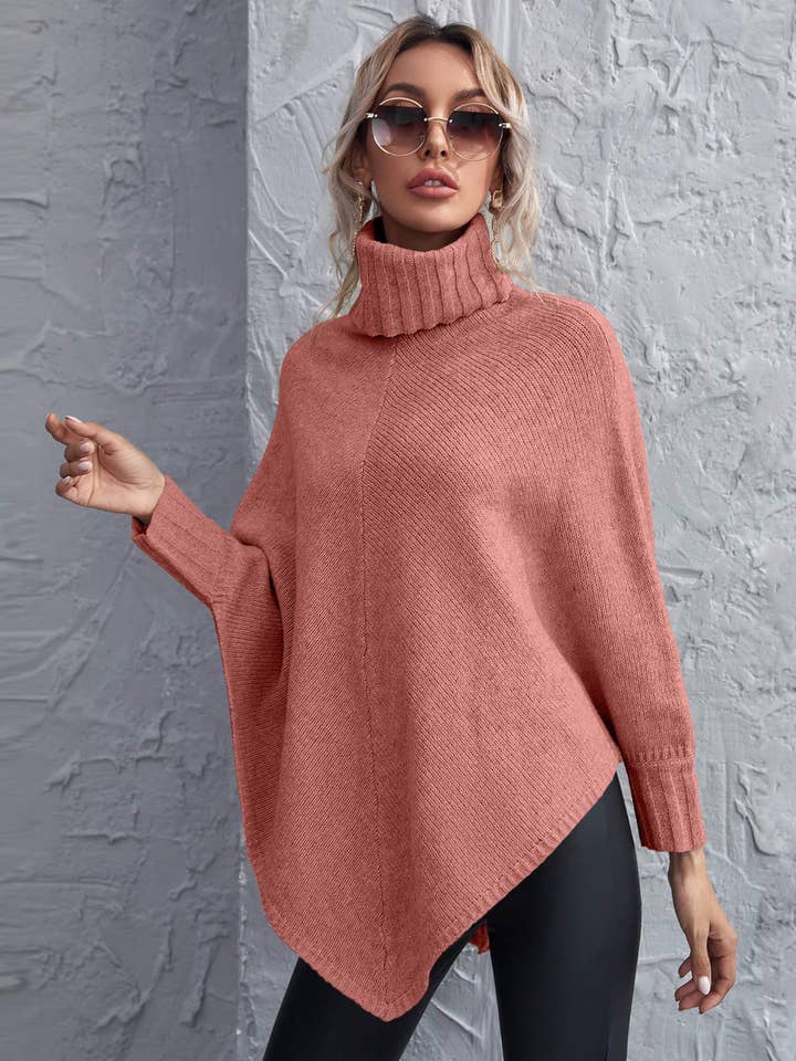 Flarix - Wholesale Knit Sweater - Women's - turtleneck asymmetrical hem poncho sweater1