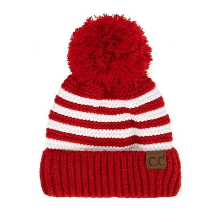 Truly Contagious - Wholesale Beanie - Women's - CC Chunky Knit Striped Pom Beanie ( YJ-1008 )
