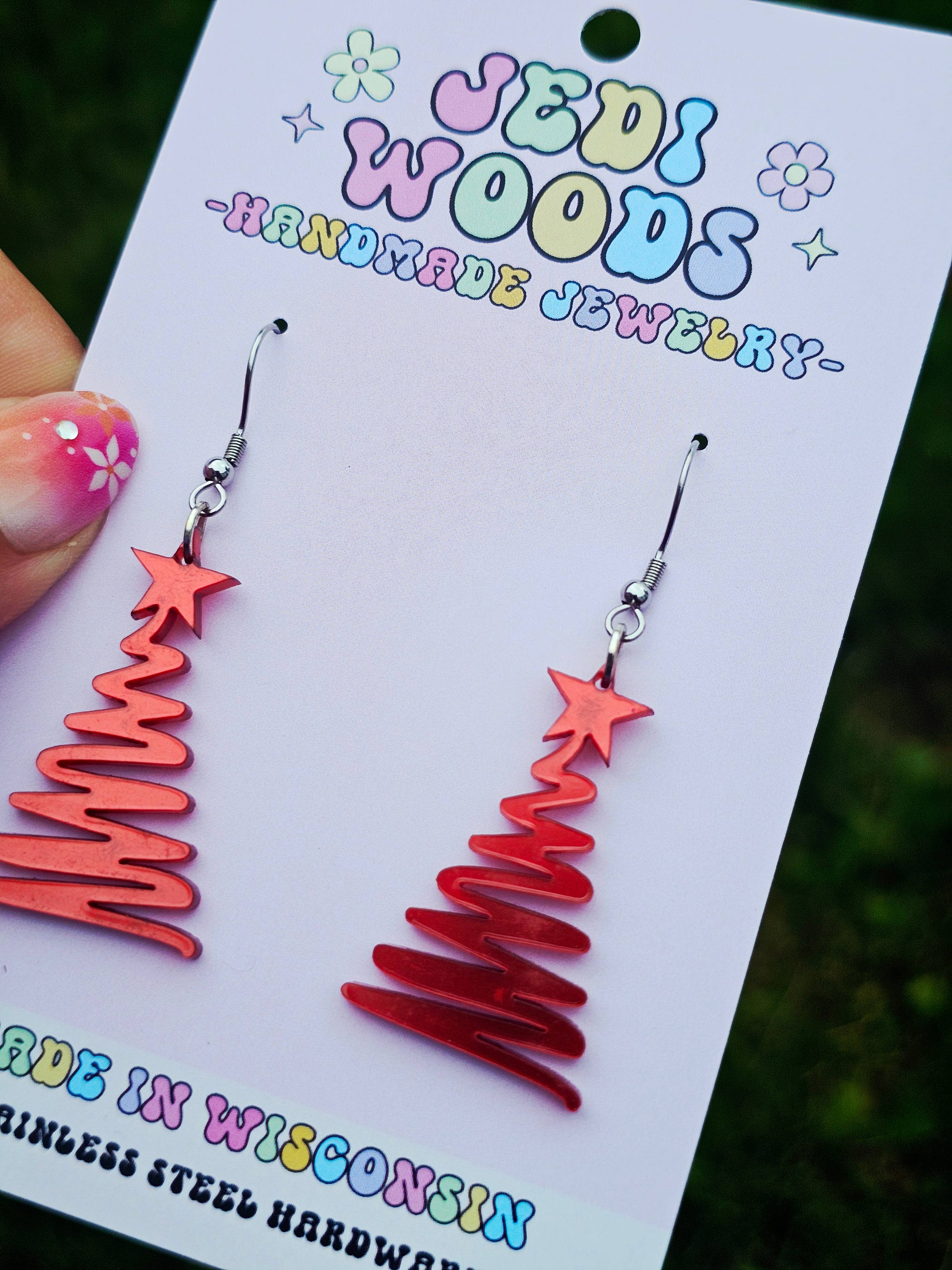 Jedi Woods LLC - Wholesale Dangle Earrings - Metallic Red Squiggly Christmas Tree Earrings3