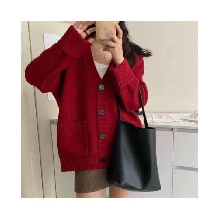 UZ Wholesale Store - Wholesale Cardigan - Women's - Vintage Loose Fit Rolled Sleeve Patch Pocket Cardigan Sweater