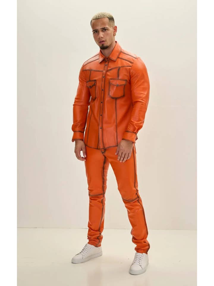 TEINTE ORANGE Chemise pour homme en cuir d'agneau véritable teintée orange en vente sur Faire2