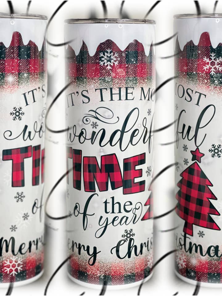 Most Wonderful Time Buffalo Plaid 20oz Skinny Tumbler for wholesale by CMD Wholesale