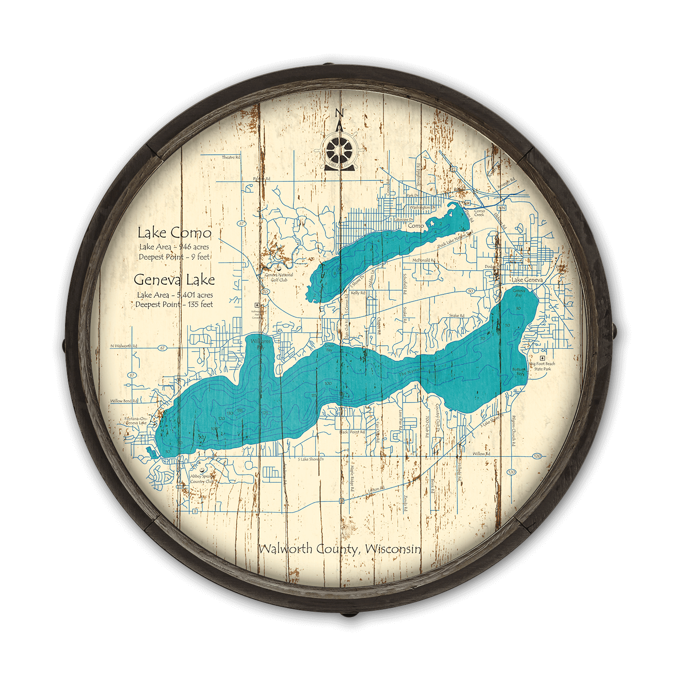 Old Wood Signs - Vendita all'ingrosso Cartelli - Lago di Como e Lago di Ginevra, Wisconsin su un'estremità di botte0