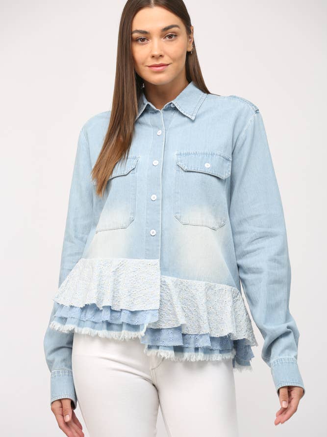 VASKET CHAMBRAY SKJORTE MED FLÆSER MED BLONDERKANT FT15039 for engroshandel hos FATE