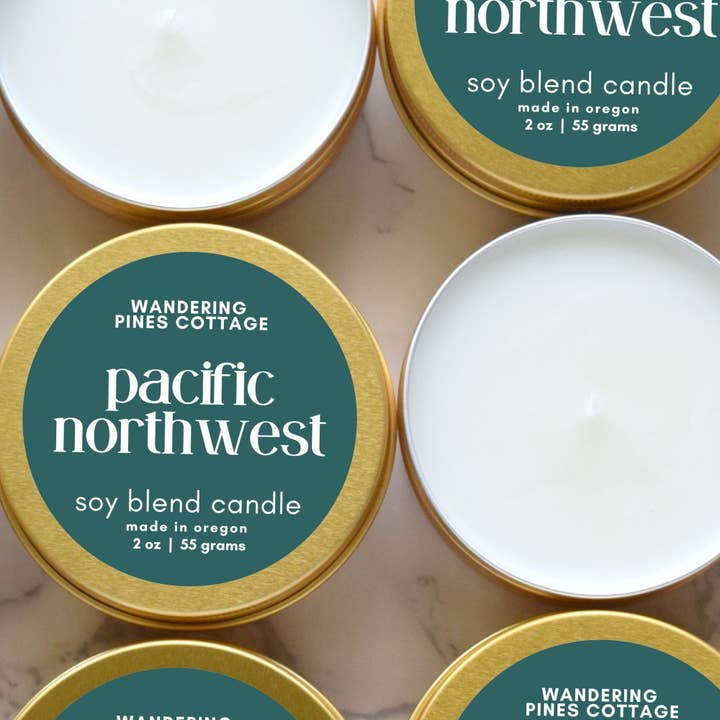 Pacific Northwest - 2 oz Gold Tin Travel Candle for wholesale by Wandering Pines Cottage