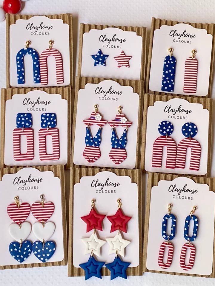 Red, White & Blue Clay Earrings for wholesale by Clayhouse Colours