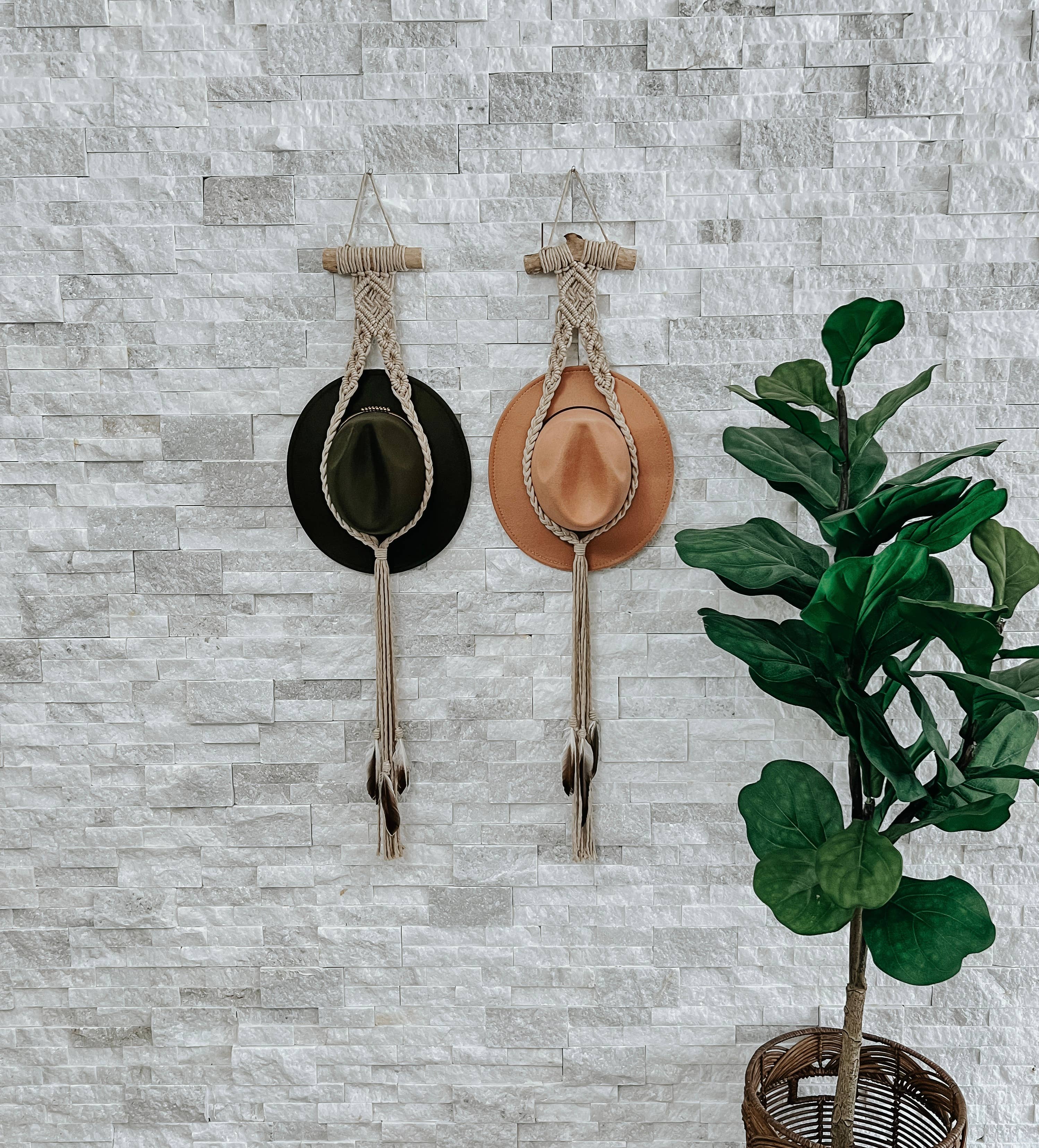 Off White Macramé Hat Hanger with Feathers for wholesale on Faire