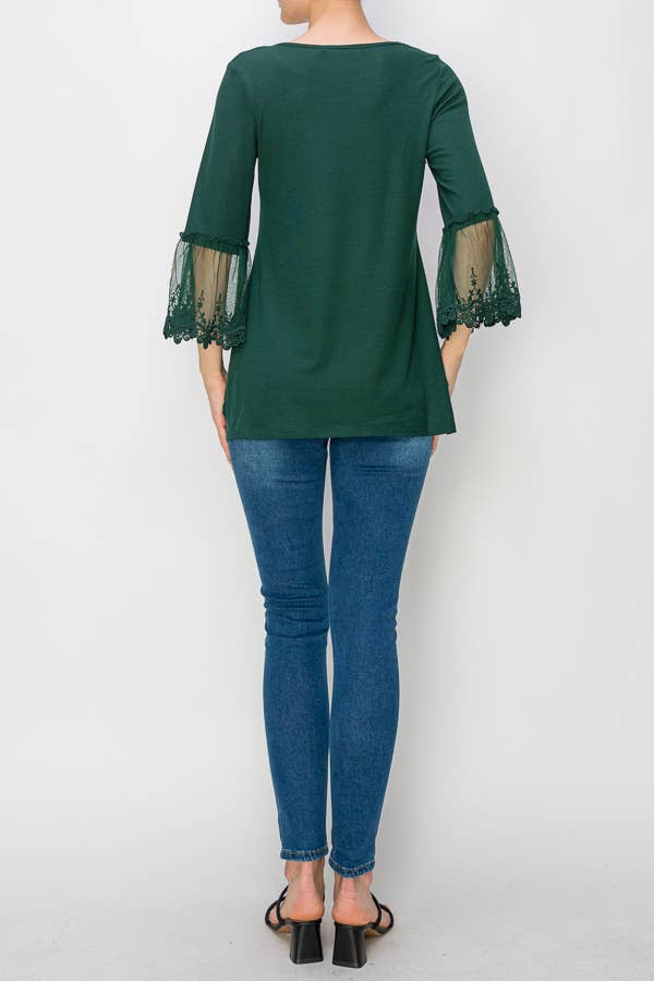 TUNIC TOP WITH LACE SLEEVE TRIMMINGS-4480HUNTER GREEN for wholesale on Faire3