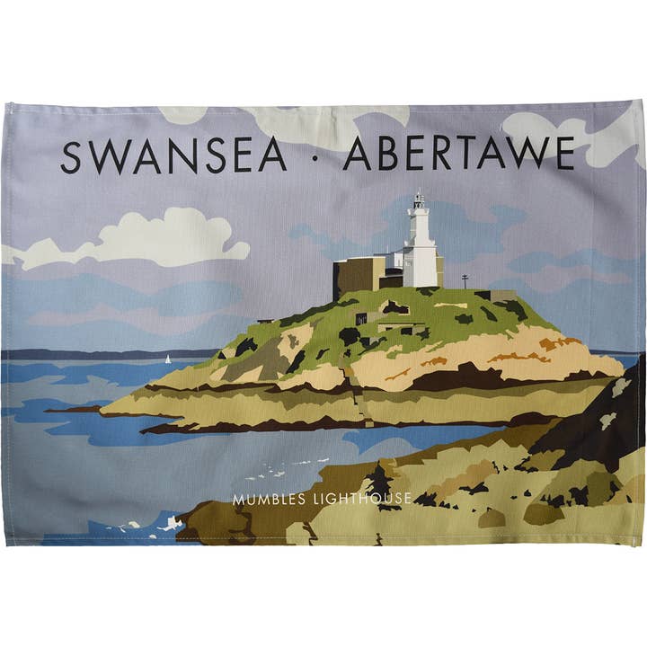 Swansea/Abertawe - Mumbles Lighthouse tea towel for wholesale by Town Towels