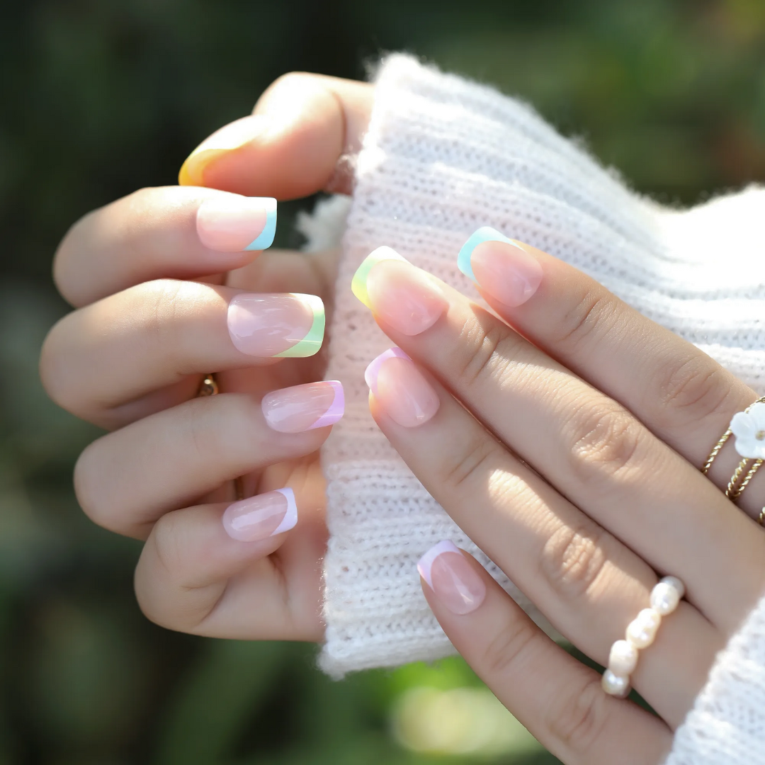 Ivy & Ash - Wholesale Press-On/Fake Nails - Pastel Rainbow Tips | Square French Tip Press-On Nails Set1