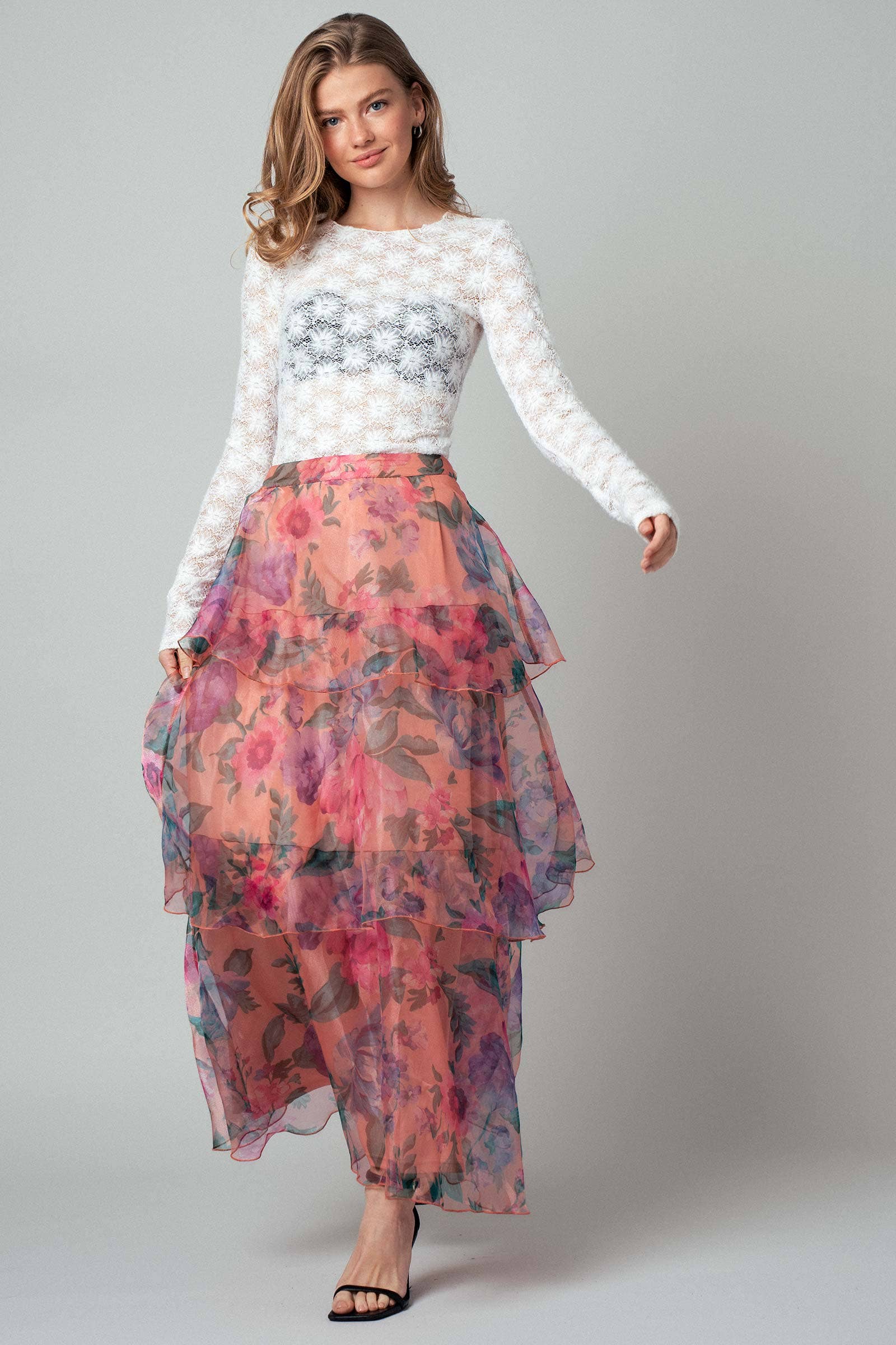 PEACH MULTI Sheer Floral Print Tiered Organza Maxi Skirt for wholesale on Faire5