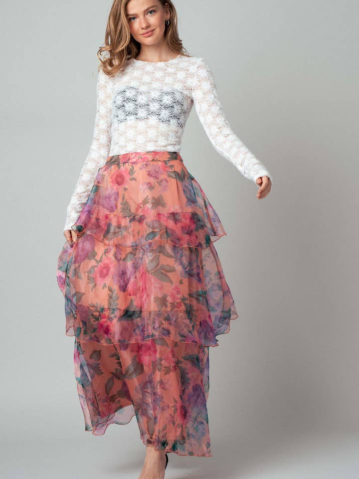 PEACH MULTI Sheer Floral Print Tiered Organza Maxi Skirt for wholesale on Faire5