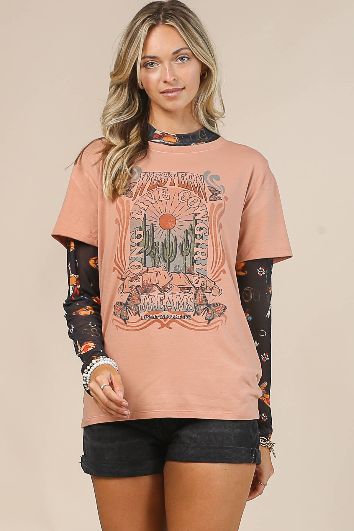 BLACK MUSTARD AV1230-SANDY WESTERN PRINT MOCK NECK MESH TOP for wholesale on Faire6